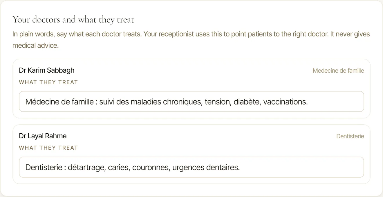 The screen where a clinic writes what each of its doctors treats, which is what the assistant is allowed to say