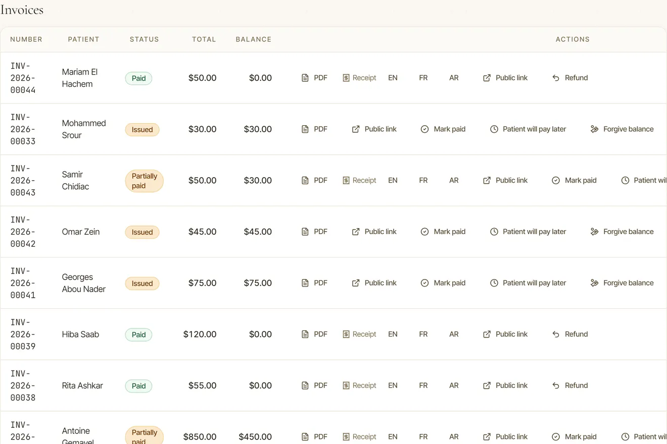 The ITIG Clinic billing screen with invoices, amounts, and payment status
