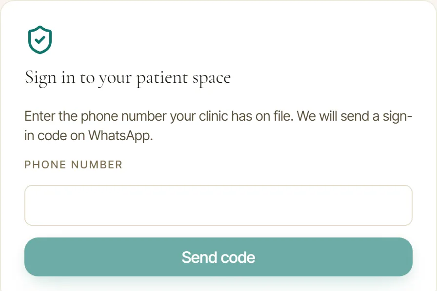 The ITIG Clinic patient portal sign-in, asking for a phone number so a six digit code can be sent over WhatsApp
