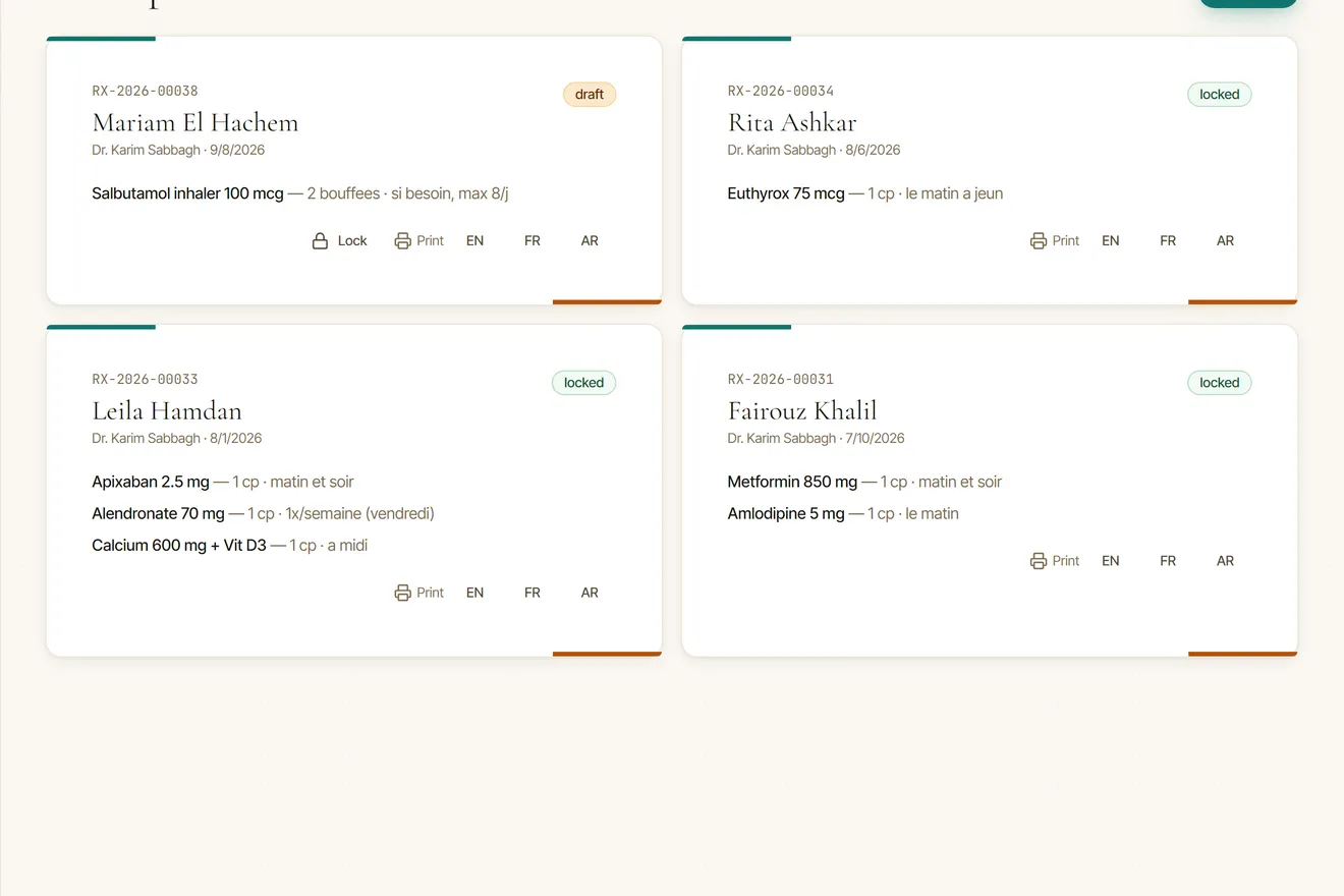 The ITIG Clinic prescriptions list with prescription numbers, patients, and dates