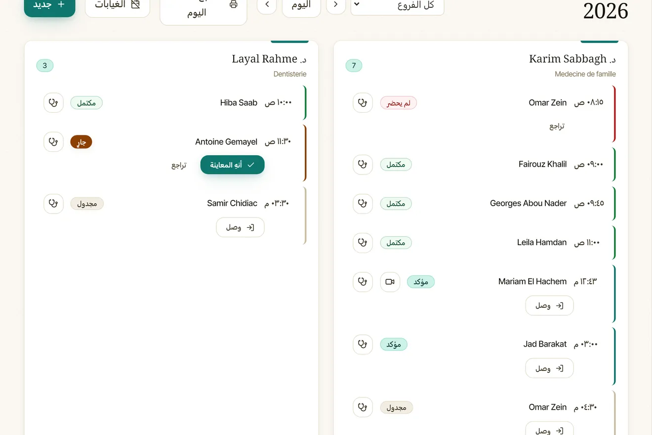 جدول ITIG Clinic ليوم واحد مع المواعيد لكل طبيب وحالتها