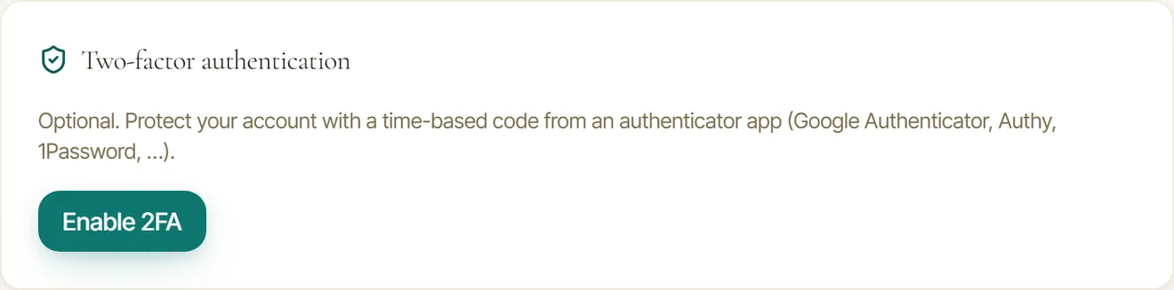 The two-factor authentication panel in the clinic settings